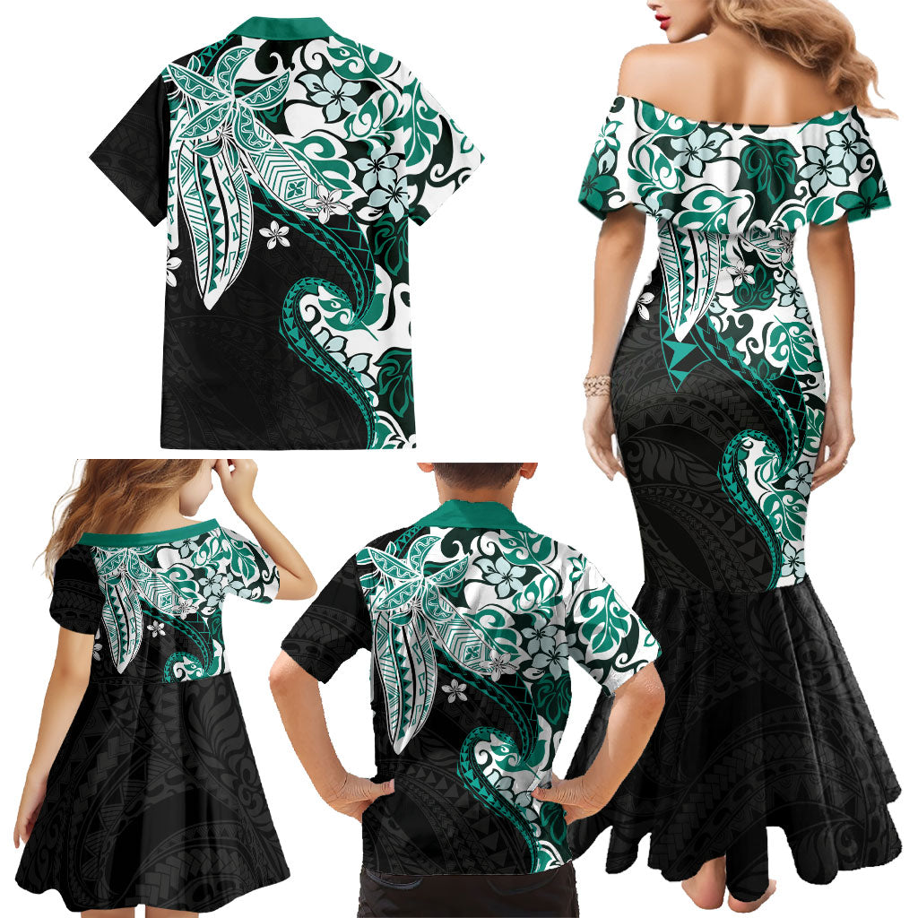 Monstera Plumeria Flowers Teal Family Matching Mermaid Dress and Hawaiian Shirt Polynesian Pattern LT01 - Polynesian Pride