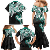 Monstera Plumeria Flowers Teal Family Matching Mermaid Dress and Hawaiian Shirt Polynesian Pattern LT01 - Polynesian Pride