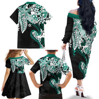 Monstera Plumeria Flowers Teal Family Matching Off The Shoulder Long Sleeve Dress and Hawaiian Shirt Polynesian Pattern LT01 - Polynesian Pride