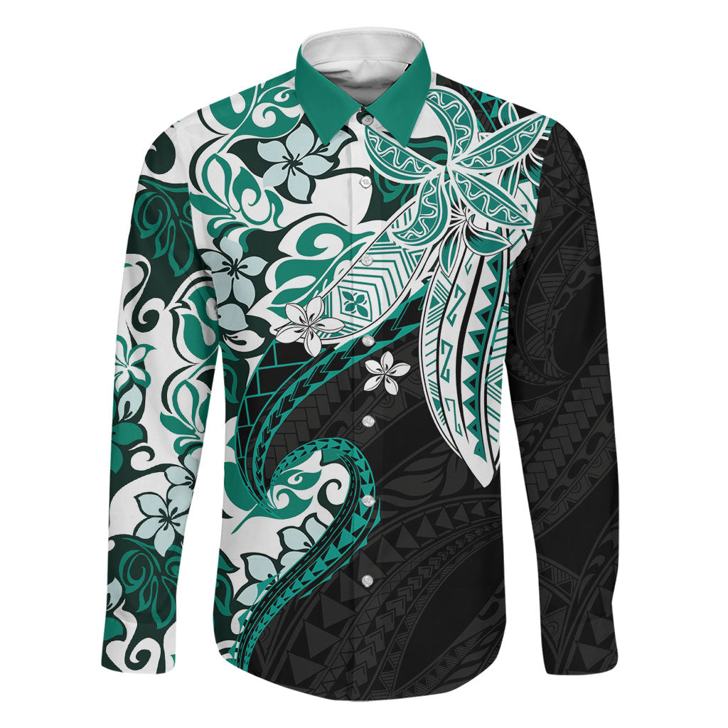 Monstera Plumeria Flowers Teal Family Matching Off The Shoulder Long Sleeve Dress and Hawaiian Shirt Polynesian Pattern LT01 Dad's Shirt - Long Sleeve Teal - Polynesian Pride