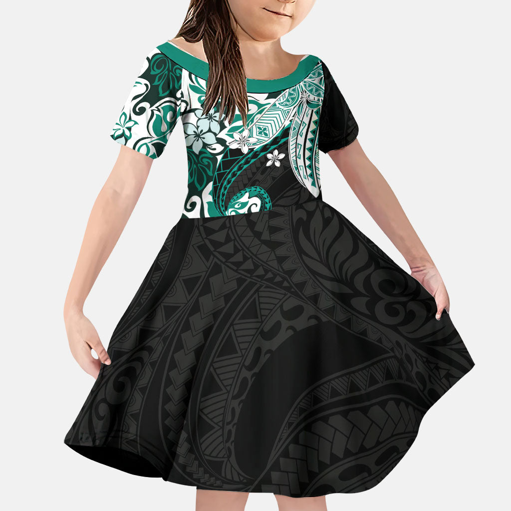 Monstera Plumeria Flowers Teal Family Matching Off Shoulder Maxi Dress and Hawaiian Shirt Polynesian Pattern LT01 Daughter's Dress Teal - Polynesian Pride