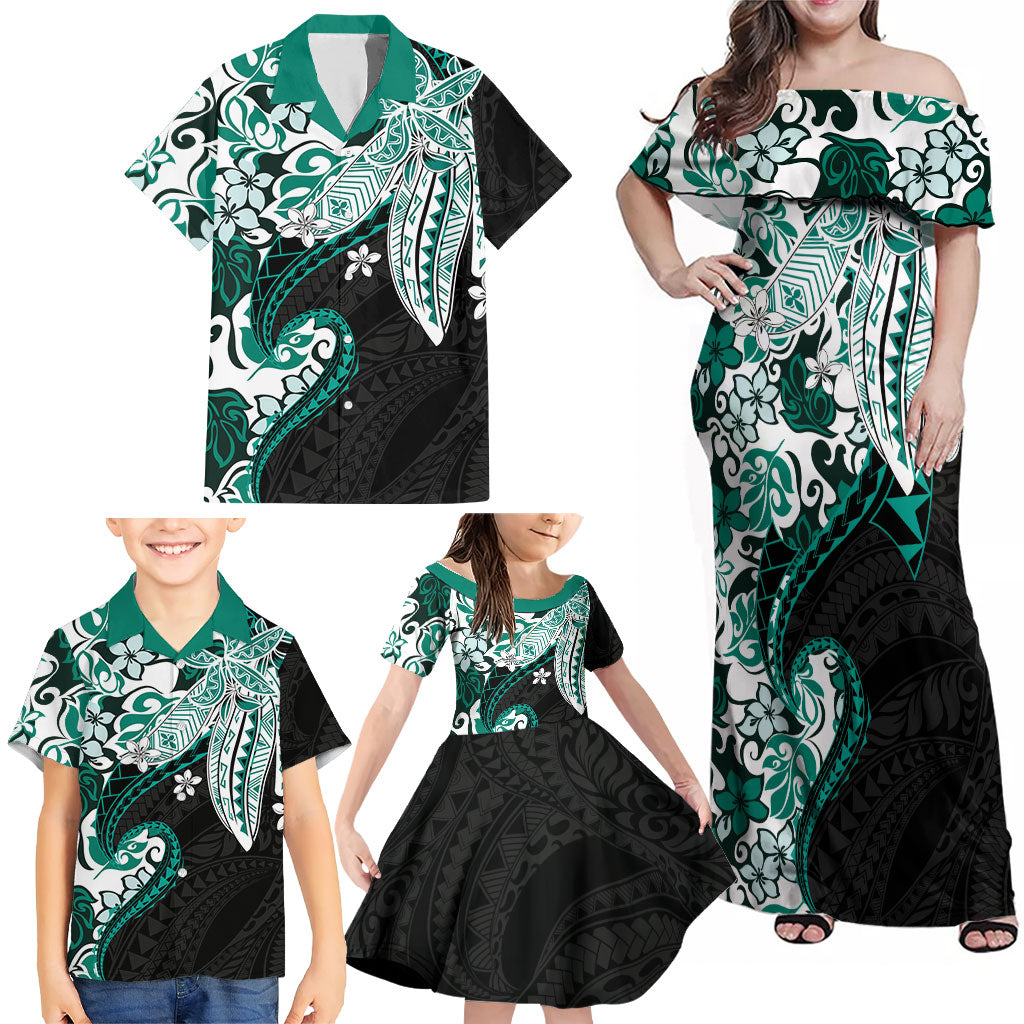 Monstera Plumeria Flowers Teal Family Matching Off Shoulder Maxi Dress and Hawaiian Shirt Polynesian Pattern LT01 - Polynesian Pride