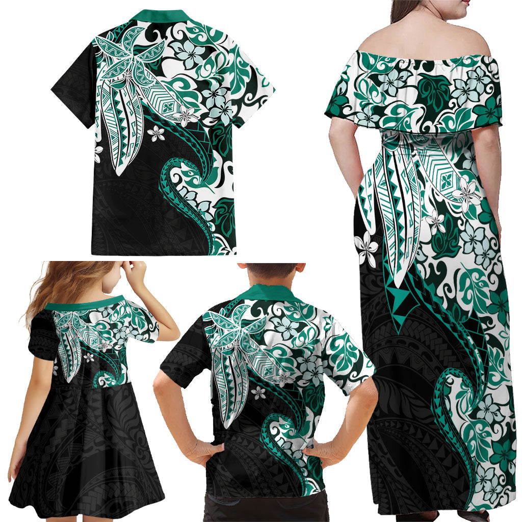 Monstera Plumeria Flowers Teal Family Matching Off Shoulder Maxi Dress and Hawaiian Shirt Polynesian Pattern LT01 - Polynesian Pride