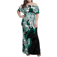 Monstera Plumeria Flowers Teal Family Matching Off Shoulder Maxi Dress and Hawaiian Shirt Polynesian Pattern LT01 Mom's Dress Teal - Polynesian Pride