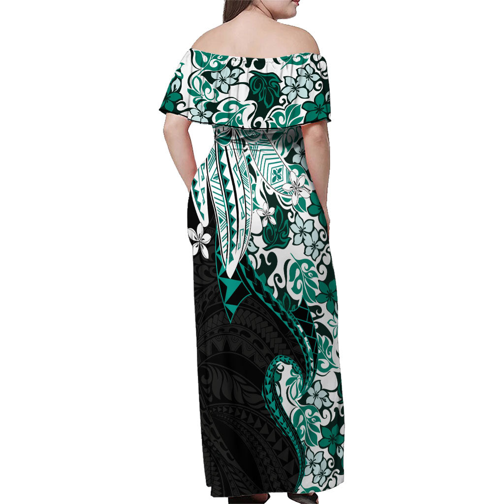 Monstera Plumeria Flowers Teal Family Matching Off Shoulder Maxi Dress and Hawaiian Shirt Polynesian Pattern LT01 - Polynesian Pride