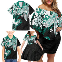 Monstera Plumeria Flowers Teal Family Matching Off Shoulder Short Dress and Hawaiian Shirt Polynesian Pattern LT01 - Polynesian Pride