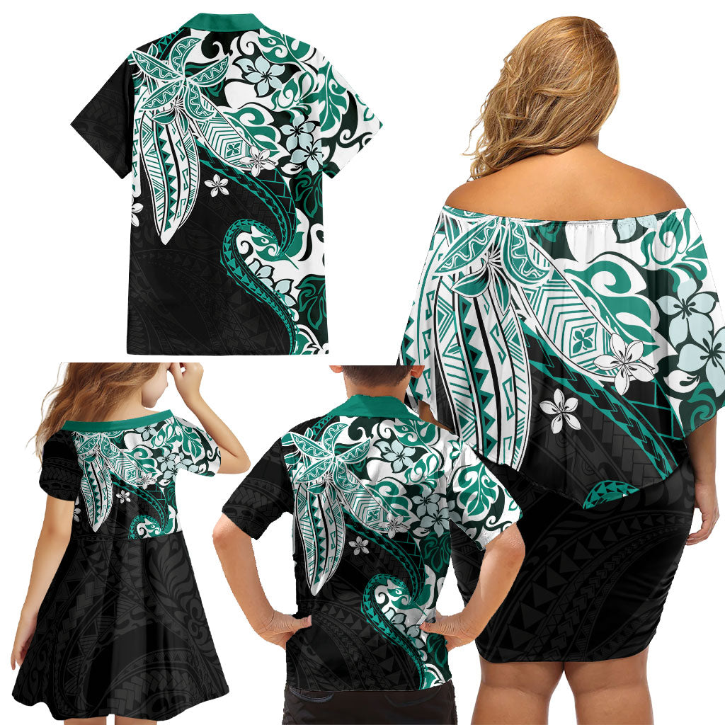 Monstera Plumeria Flowers Teal Family Matching Off Shoulder Short Dress and Hawaiian Shirt Polynesian Pattern LT01 - Polynesian Pride