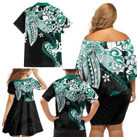 Monstera Plumeria Flowers Teal Family Matching Off Shoulder Short Dress and Hawaiian Shirt Polynesian Pattern LT01 - Polynesian Pride