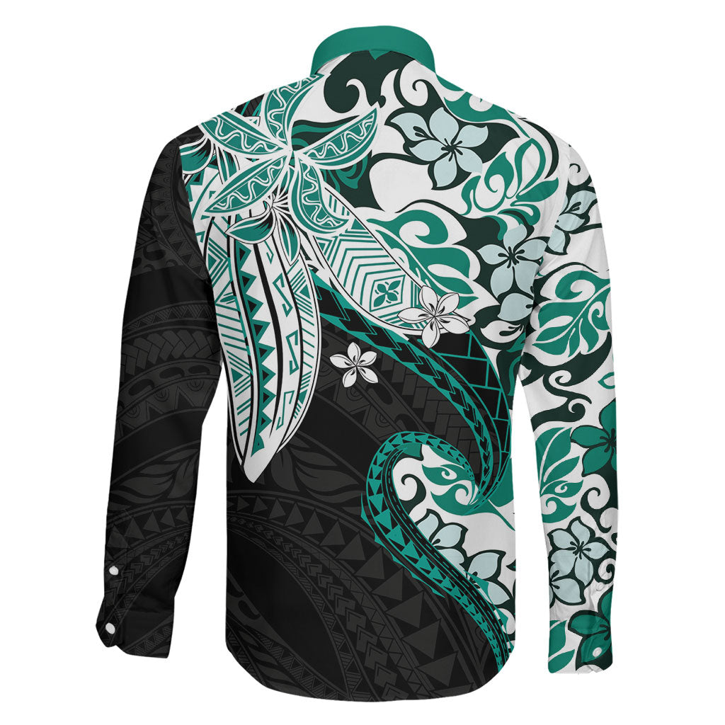 Monstera Plumeria Flowers Teal Family Matching Off Shoulder Short Dress and Hawaiian Shirt Polynesian Pattern LT01 - Polynesian Pride