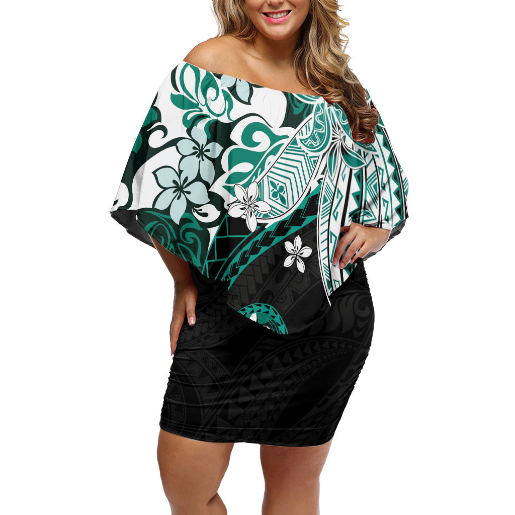 Monstera Plumeria Flowers Teal Family Matching Off Shoulder Short Dress and Hawaiian Shirt Polynesian Pattern LT01 Mom's Dress Teal - Polynesian Pride