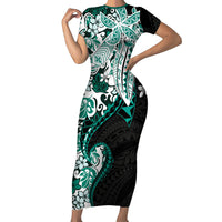 Monstera Plumeria Flowers Teal Family Matching Short Sleeve Bodycon Dress and Hawaiian Shirt Polynesian Pattern LT01 Mom's Dress Teal - Polynesian Pride