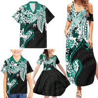 Monstera Plumeria Flowers Teal Family Matching Summer Maxi Dress and Hawaiian Shirt Polynesian Pattern LT01 - Polynesian Pride