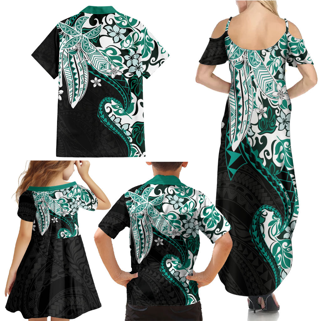 Monstera Plumeria Flowers Teal Family Matching Summer Maxi Dress and Hawaiian Shirt Polynesian Pattern LT01 - Polynesian Pride