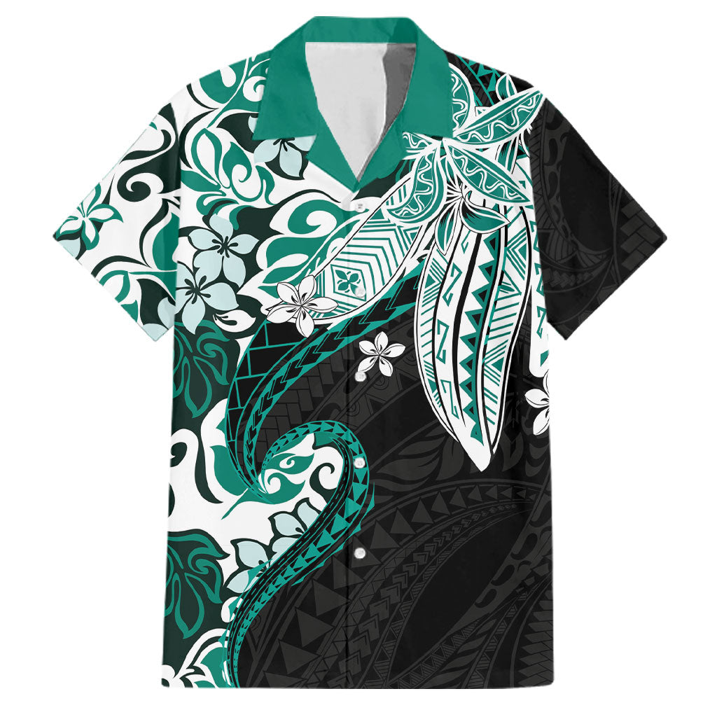 Monstera Plumeria Flowers Teal Family Matching Summer Maxi Dress and Hawaiian Shirt Polynesian Pattern LT01 Dad's Shirt - Short Sleeve Teal - Polynesian Pride