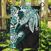 Monstera Plumeria Flowers Teal Garden Flag Polynesian Pattern