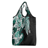 Monstera Plumeria Flowers Teal Grocery Bag Polynesian Pattern