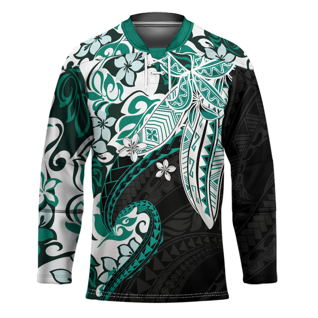 Monstera Plumeria Flowers Teal Hockey Jersey Polynesian Pattern