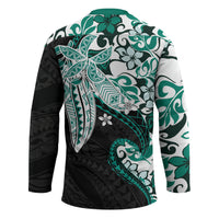 Monstera Plumeria Flowers Teal Hockey Jersey Polynesian Pattern
