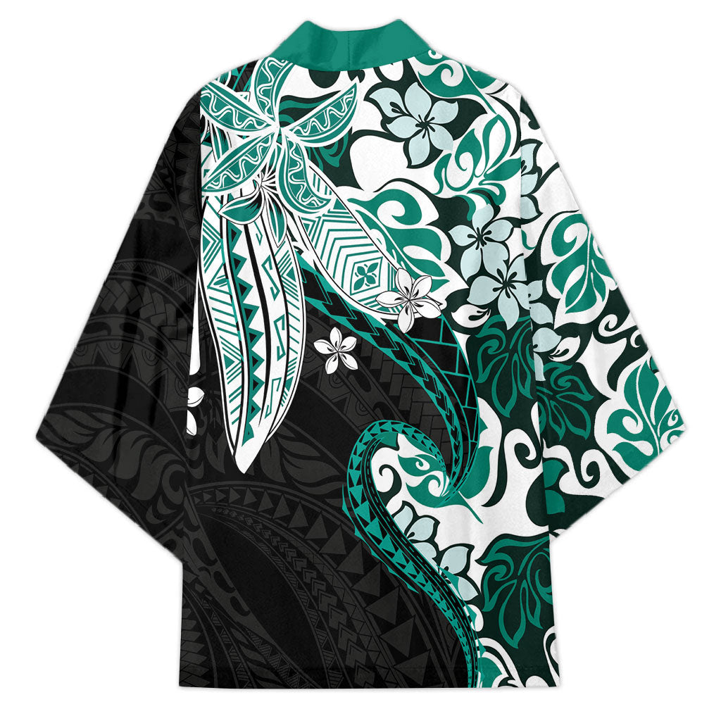 Monstera Plumeria Flowers Teal Kimono Polynesian Pattern