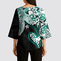 Monstera Plumeria Flowers Teal Kimono Sleeve Blouse Polynesian Pattern