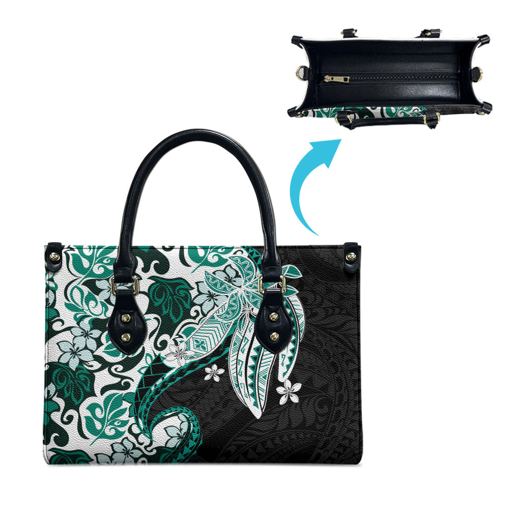 Monstera Plumeria Flowers Teal Leather Bag Polynesian Pattern