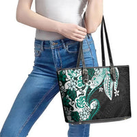 Monstera Plumeria Flowers Teal Leather Tote Bag Polynesian Pattern