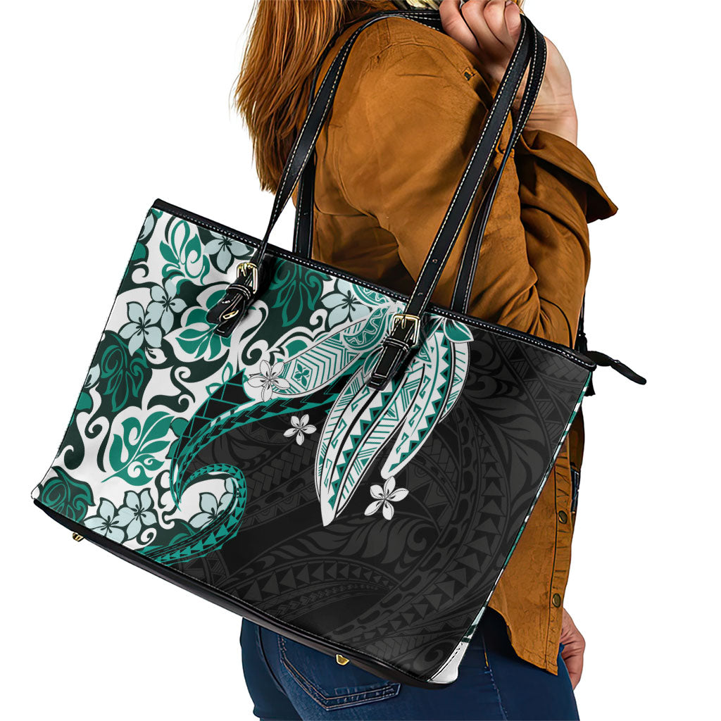 Monstera Plumeria Flowers Teal Leather Tote Bag Polynesian Pattern