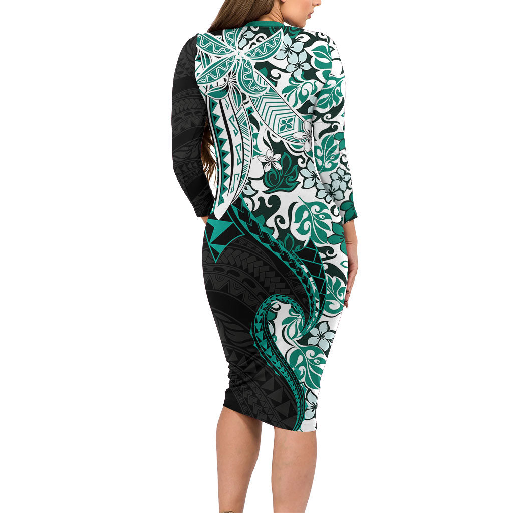 Monstera Plumeria Flowers Teal Long Sleeve Bodycon Dress Polynesian Pattern