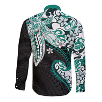 Monstera Plumeria Flowers Teal Long Sleeve Button Shirt Polynesian Pattern