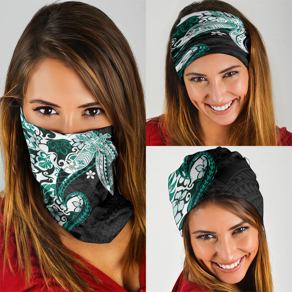 Monstera Plumeria Flowers Teal Neck Gaiter Polynesian Pattern