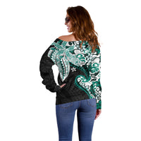 Monstera Plumeria Flowers Teal Off Shoulder Sweater Polynesian Pattern