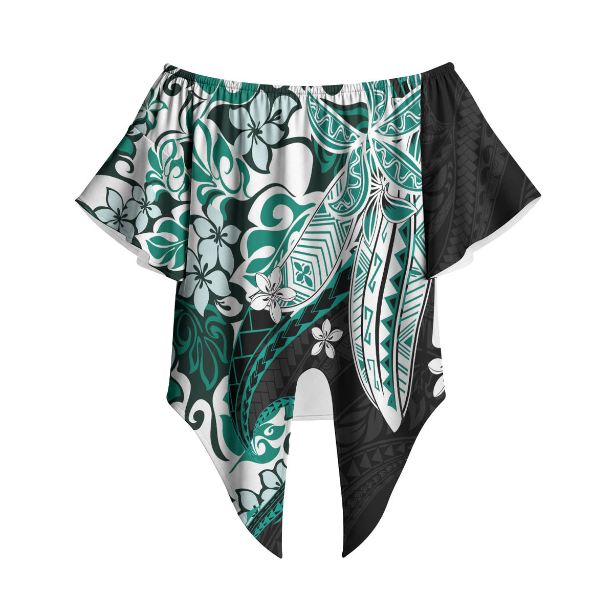 Monstera Plumeria Flowers Teal Off Shoulder Wrap Waist Top Polynesian Pattern LT01 Teal - Polynesian Pride