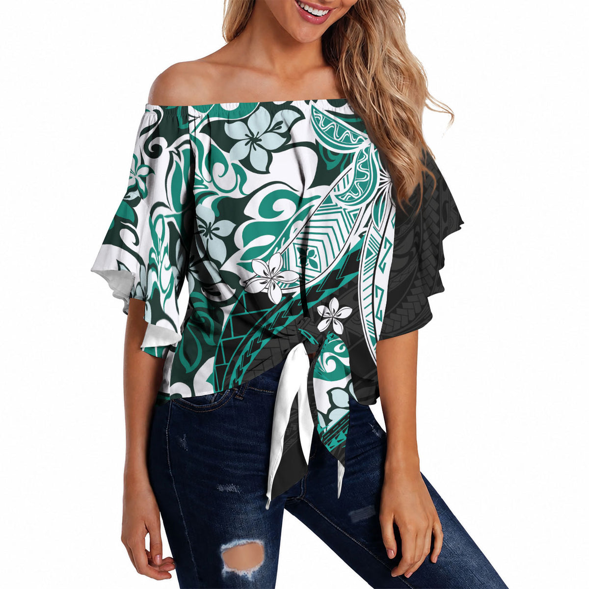 Monstera Plumeria Flowers Teal Off Shoulder Wrap Waist Top Polynesian Pattern LT01 - Polynesian Pride