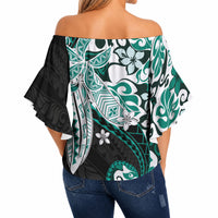 Monstera Plumeria Flowers Teal Off Shoulder Wrap Waist Top Polynesian Pattern LT01 - Polynesian Pride