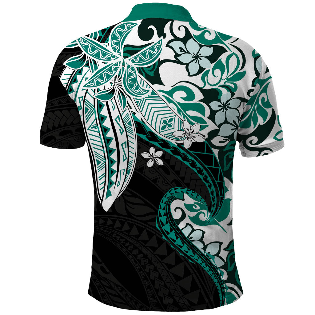 Monstera Plumeria Flowers Teal Polo Shirt Polynesian Pattern