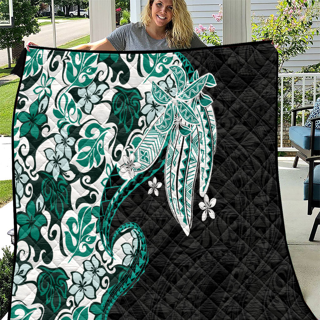 Monstera Plumeria Flowers Teal Quilt Polynesian Pattern