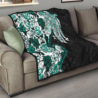 Monstera Plumeria Flowers Teal Quilt Polynesian Pattern