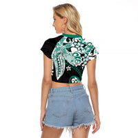 Monstera Plumeria Flowers Teal Raglan Cropped T Shirt Polynesian Pattern