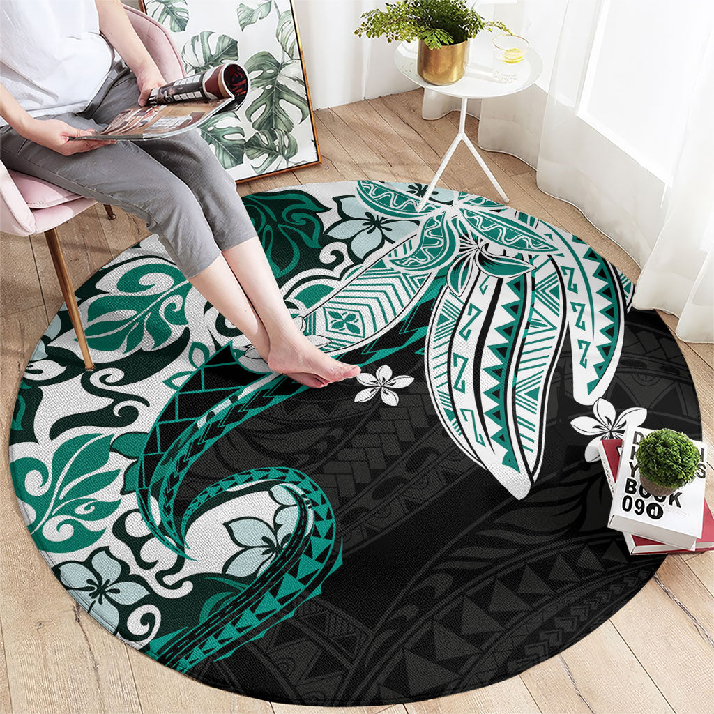 Monstera Plumeria Flowers Teal Round Carpet Polynesian Pattern