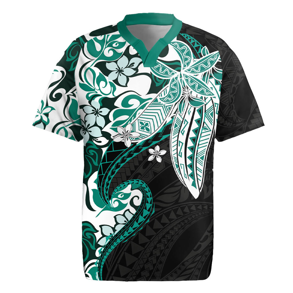 Monstera Plumeria Flowers Teal Rugby Jersey Polynesian Pattern