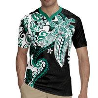 Monstera Plumeria Flowers Teal Rugby Jersey Polynesian Pattern