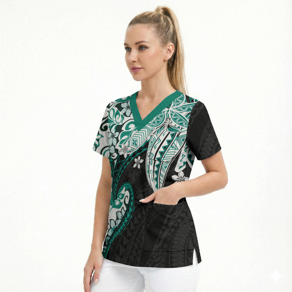Monstera Plumeria Flowers Teal Scrub Top Polynesian Pattern