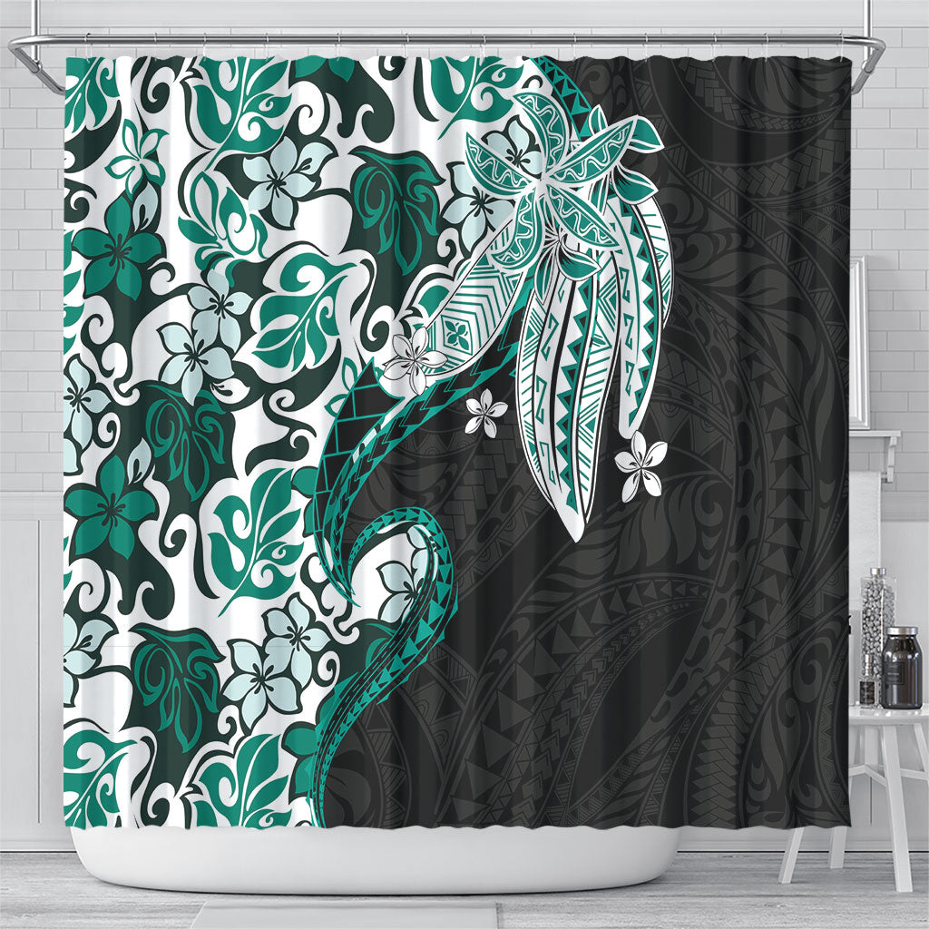 Monstera Plumeria Flowers Teal Shower Curtain Polynesian Pattern