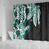 Monstera Plumeria Flowers Teal Shower Curtain Polynesian Pattern