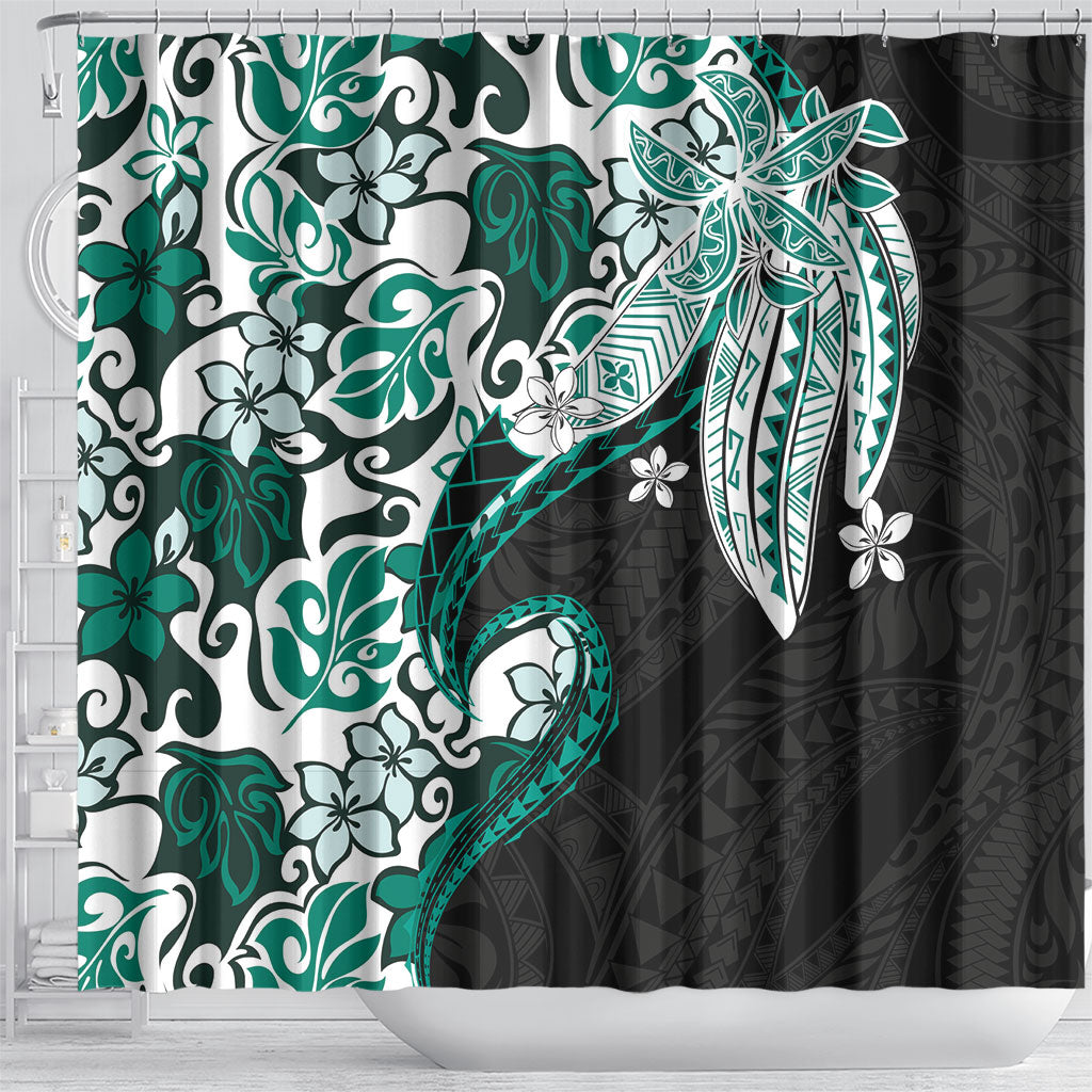 Monstera Plumeria Flowers Teal Shower Curtain Polynesian Pattern