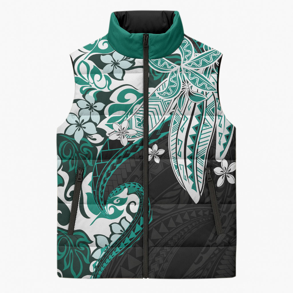 Monstera Plumeria Flowers Teal Sleeveless Puffer Jacket Polynesian Pattern