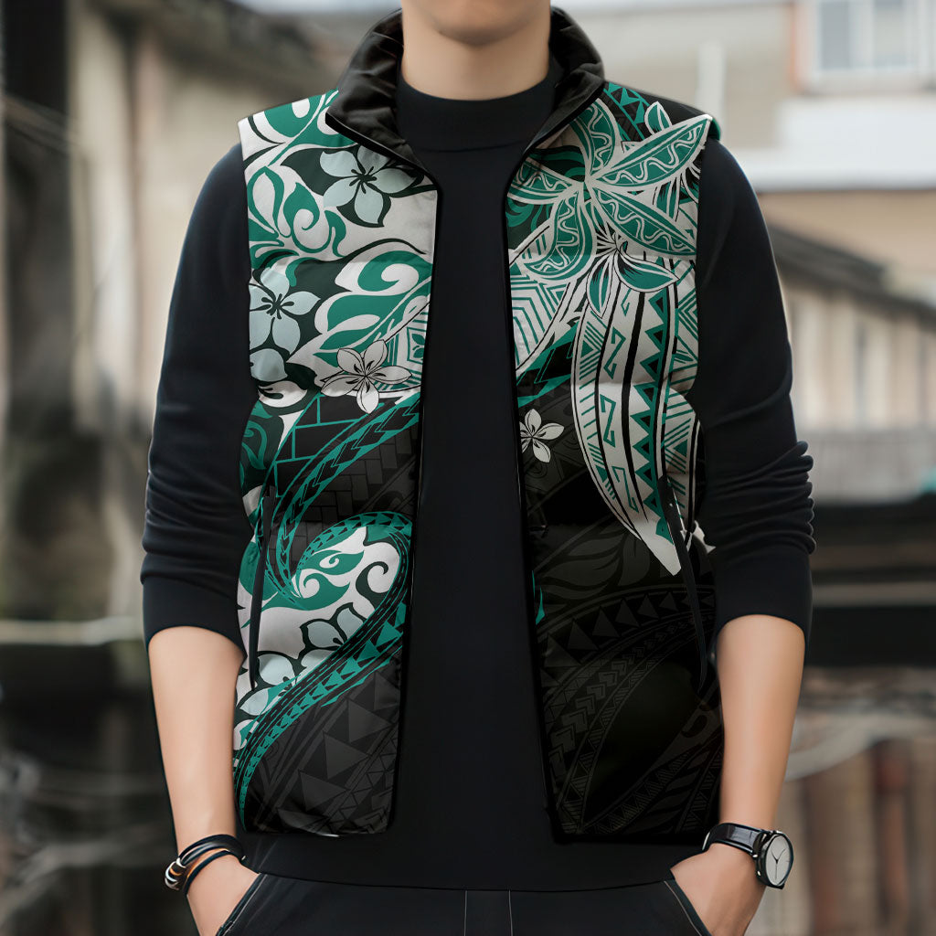 Monstera Plumeria Flowers Teal Sleeveless Puffer Jacket Polynesian Pattern