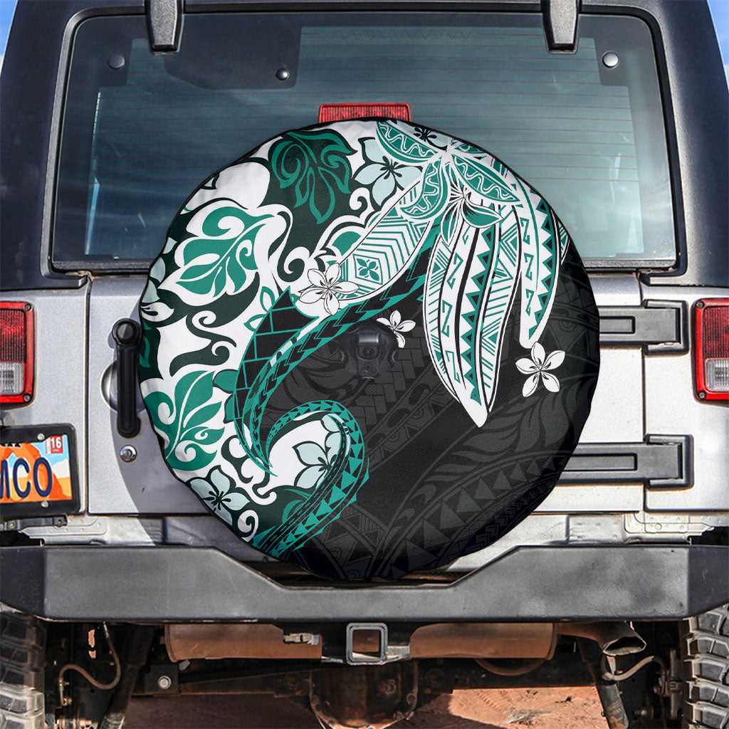 Monstera Plumeria Flowers Teal Spare Tire Cover Polynesian Pattern
