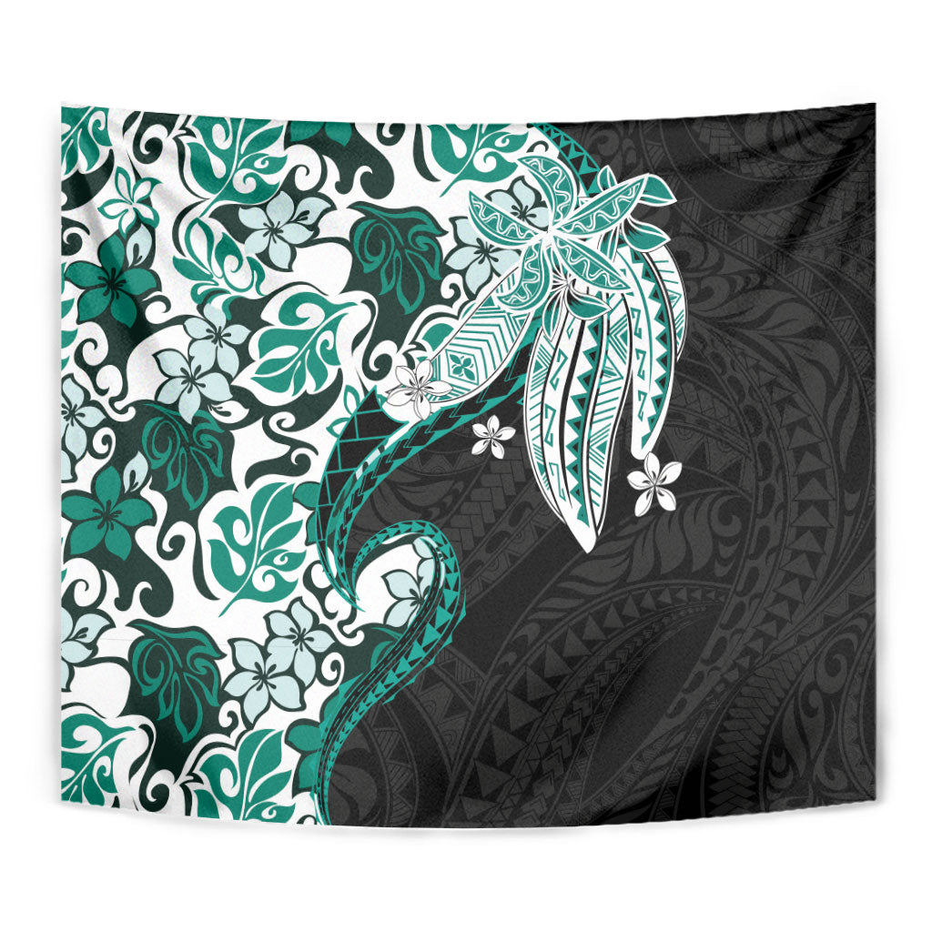 Monstera Plumeria Flowers Teal Tapestry Polynesian Pattern
