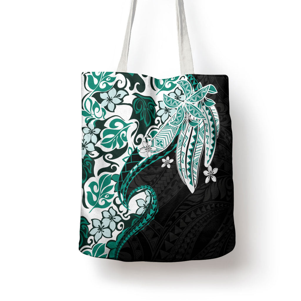 Monstera Plumeria Flowers Teal Tote Bag Polynesian Pattern